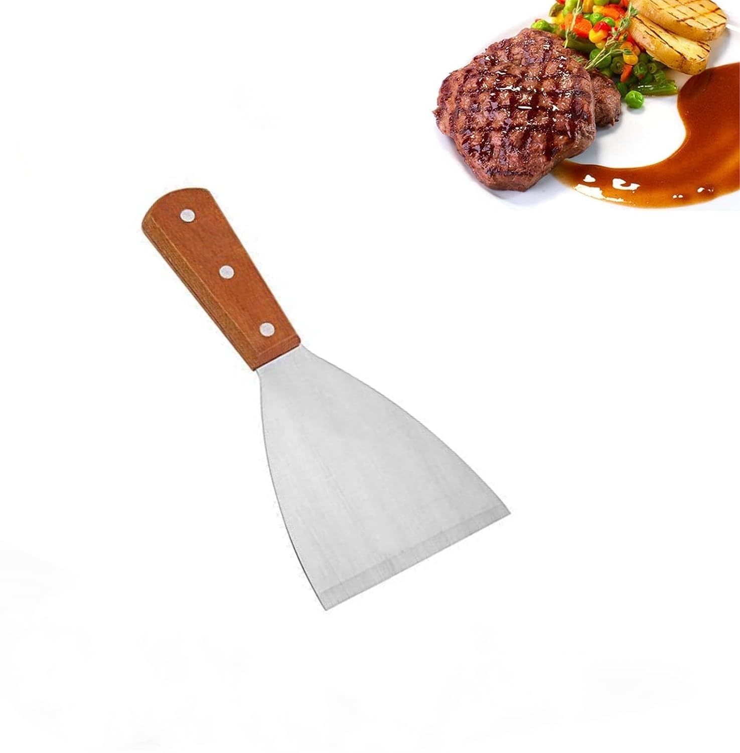 Rustproof Stainless Steel Nonstick Fried Egg Shovel Pancake Meat Spatula Scrapers Beefsteak Hamburger Turner Cooking Flipping Tool with Wooden Non-Slip Handle for Home Kitchen Restaurants