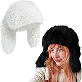 Shyyween 2 Pack Y2k Furry Beanie Winter Bunny Ears Hat for Women Fluffy Warm Beanie Cap for Indoor Outdoor Festival Easter Birthday Party Gift, White, Black