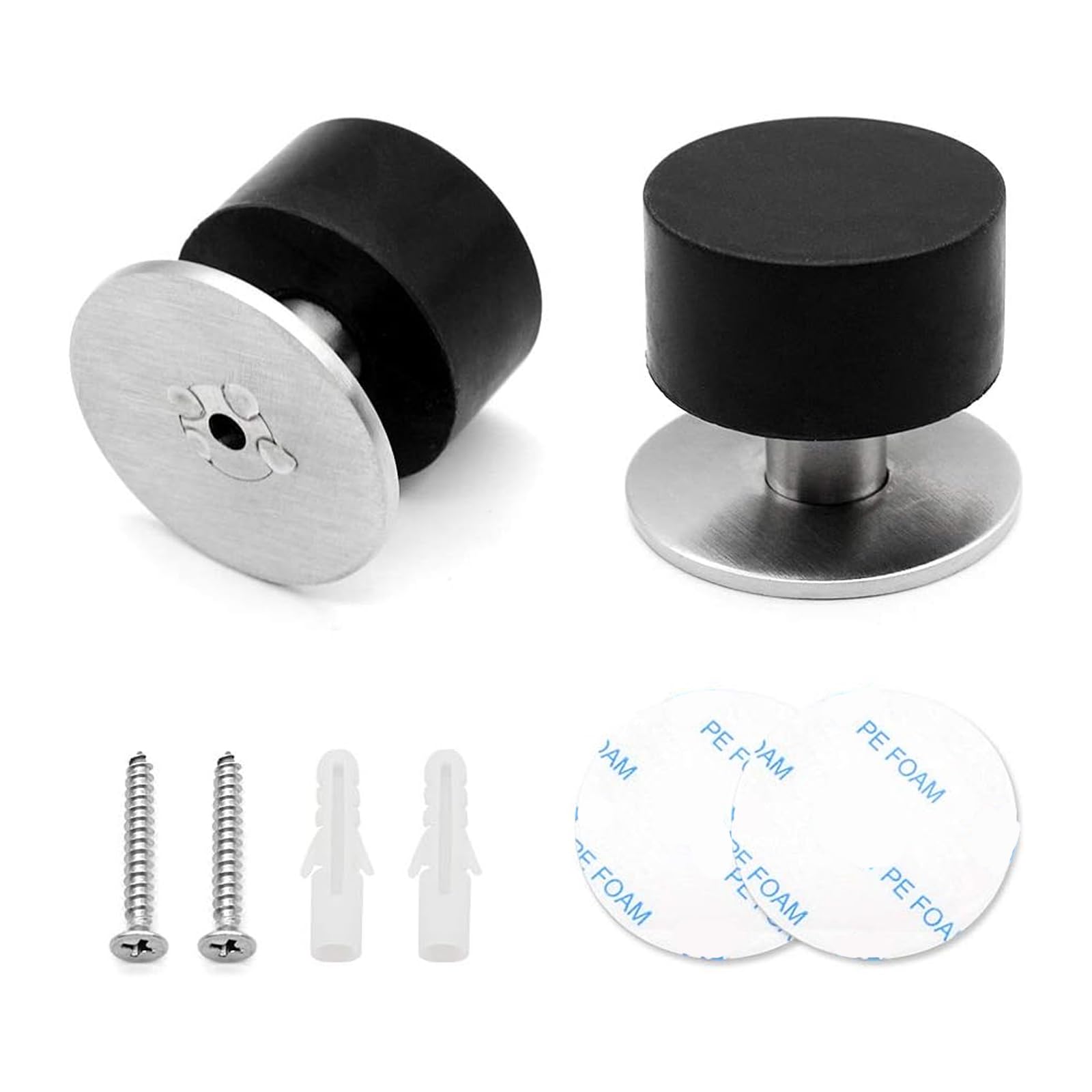 PEAK-EU 2 Pcs Rubber Door Stop Adhesive Mounted Stainless Steel Door Stop Wall or Floor Mount Door Stopper with Screws and 3M Double-Sided