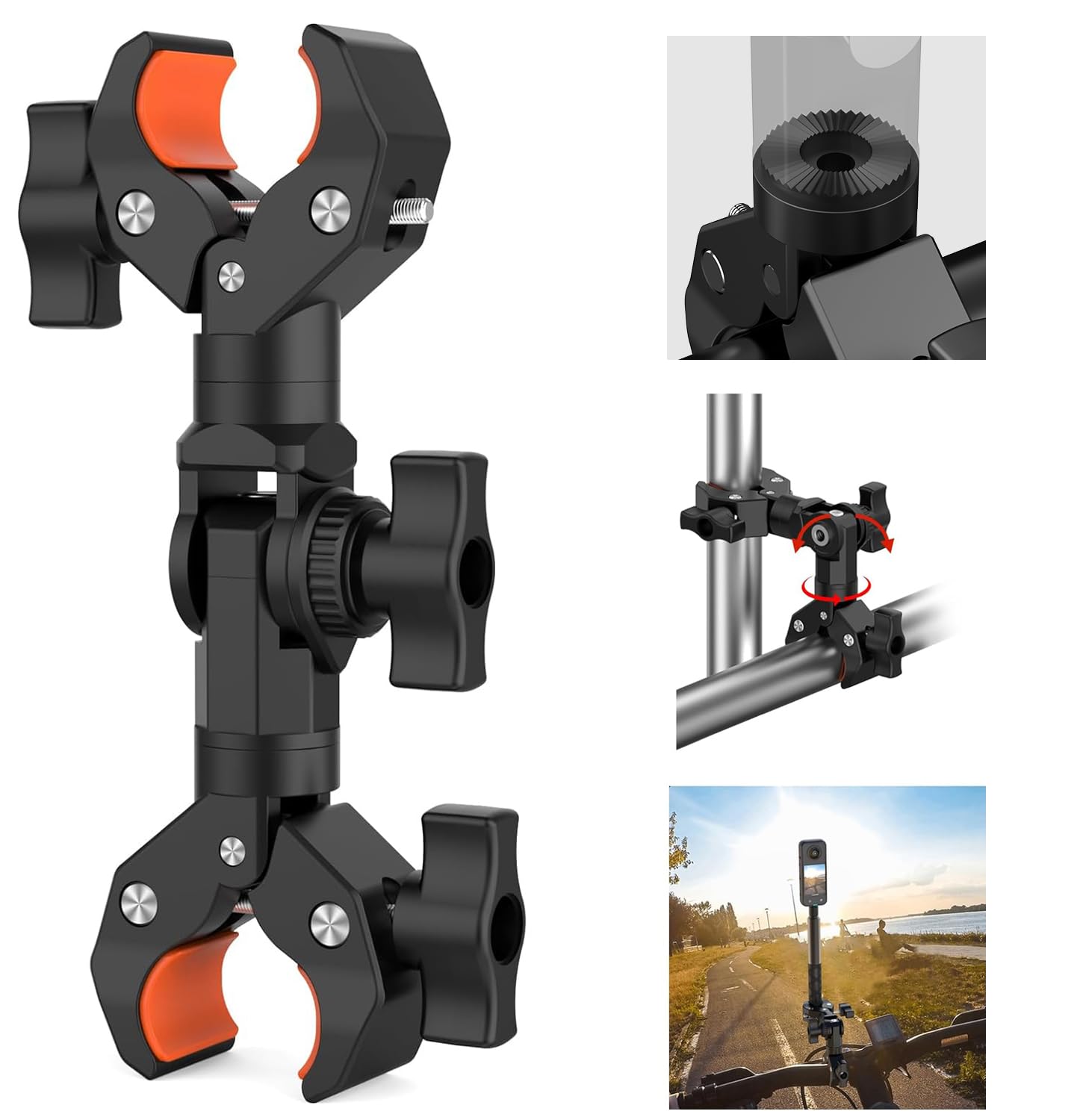 UNSTINCER Double Super Clamp, Stable Magic Arm Mount Bracket for insta360 X5 X4 X3 Selfie Stick Umbrella Photography Reflector Motorcycle Bike Handlebar Tripod, Geared Adjust Angle