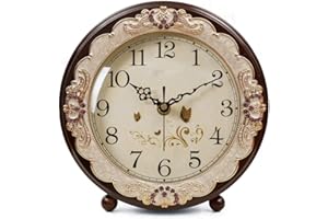 Justup Vintage Table Clock, Retro Non-Ticking European Style Beside Desk Clock Battery Operated Silent Quartz Movement for Bedroom Living Room Indoor Decor (Brown)