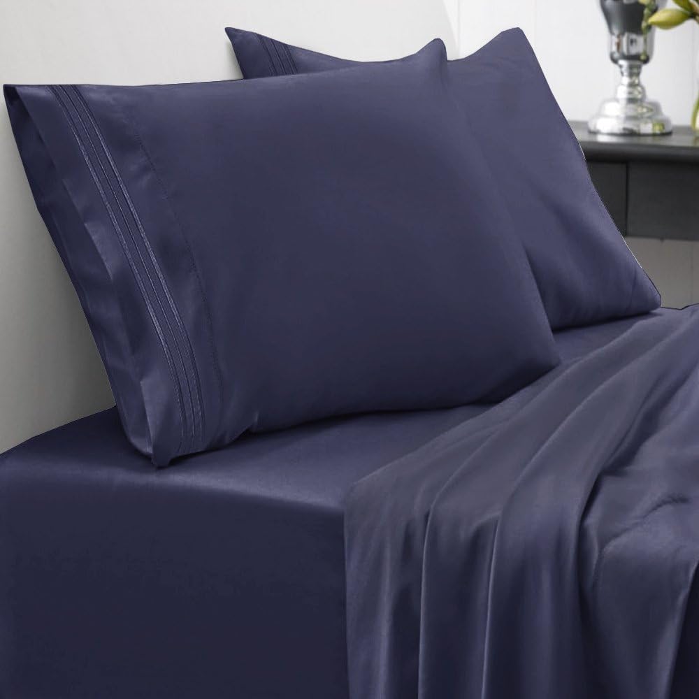 Sweet Home Collection 1500 Series Bed Sheet Set Brushed Microfiber 1500 Bedding - Wrinkle, Fade, Stain Resistant - Hypoallergenic 4 Piece Bed Sheet Set - King, Navy