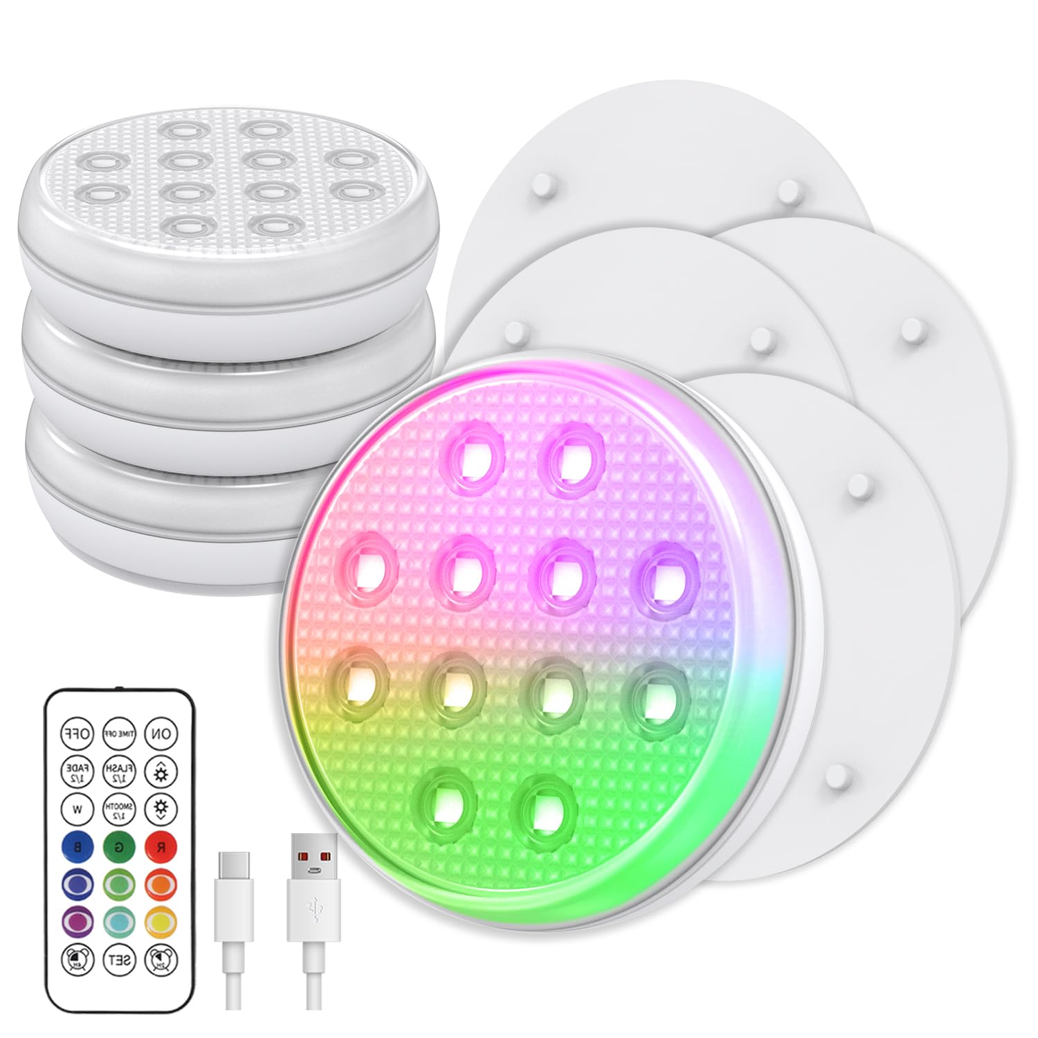 Photo 1 of Tiudbeu Pool Lights, Submersible LED Lights with Remote, IP68 Waterproof 16 Color Rechargeable Floating Lights, Built-in Magnet Underwater Lighting for Inground Above Ground Pool Fountain (4 Pack)
