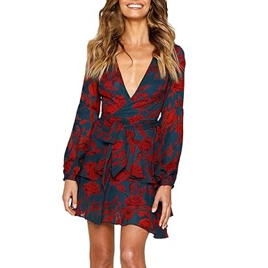 Elecenty Laternenhülse Minikleid Damen,Reizvolle Frauen Strandkleid Abendkleid Langarmkleid Tief V-Ausschnitt Partykleid Blum