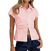 Cicy Bell Womens Summer Button Down Shirts Short Sleeve Slim Fit Ruched Cotton Blouses Cute Going Out Tops
