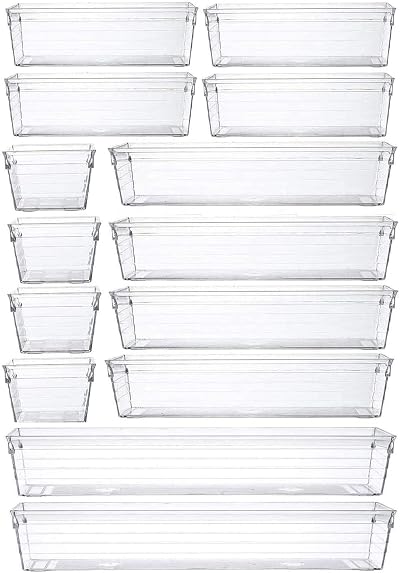 Grace Store 14 Pcs Clear Plastic Drawer Organiser Trays 4 Sizes Desk Kitchen