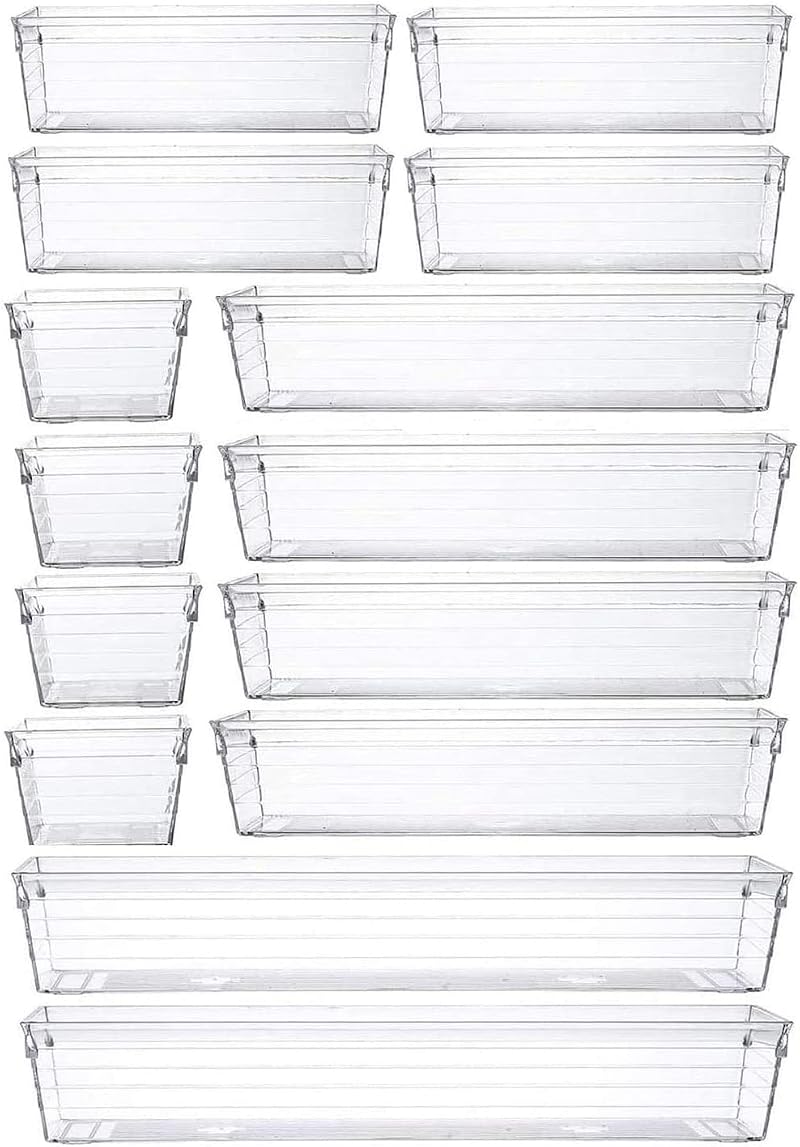 Grace Store 14 Pcs Clear Plastic Drawer Organiser Trays 4 Sizes Desk Kitchen