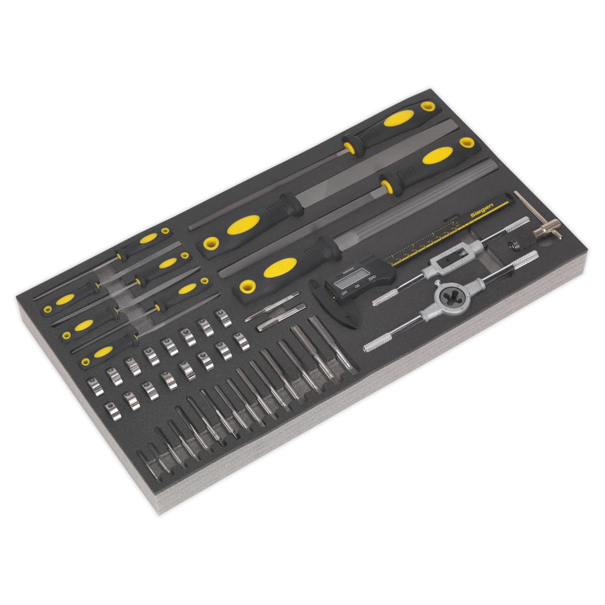 Sealey S01132 Tool Tray with Tap and Die, File and Caliper Set, 48 Pieces