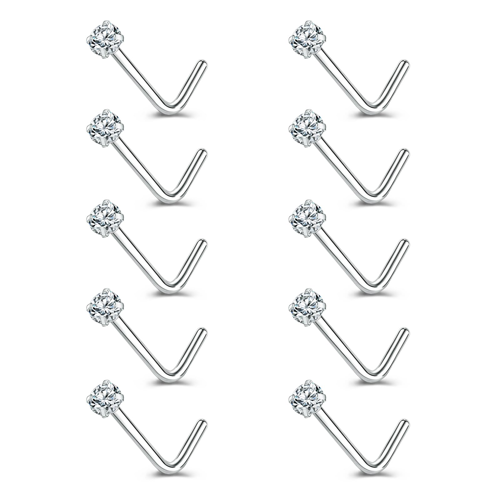6-14 Pieces 20g Tiny Nose Studs L-Shape CZ Nose Bones Nose Screw Rings Set Stainless Steel Nose Piercing Stud