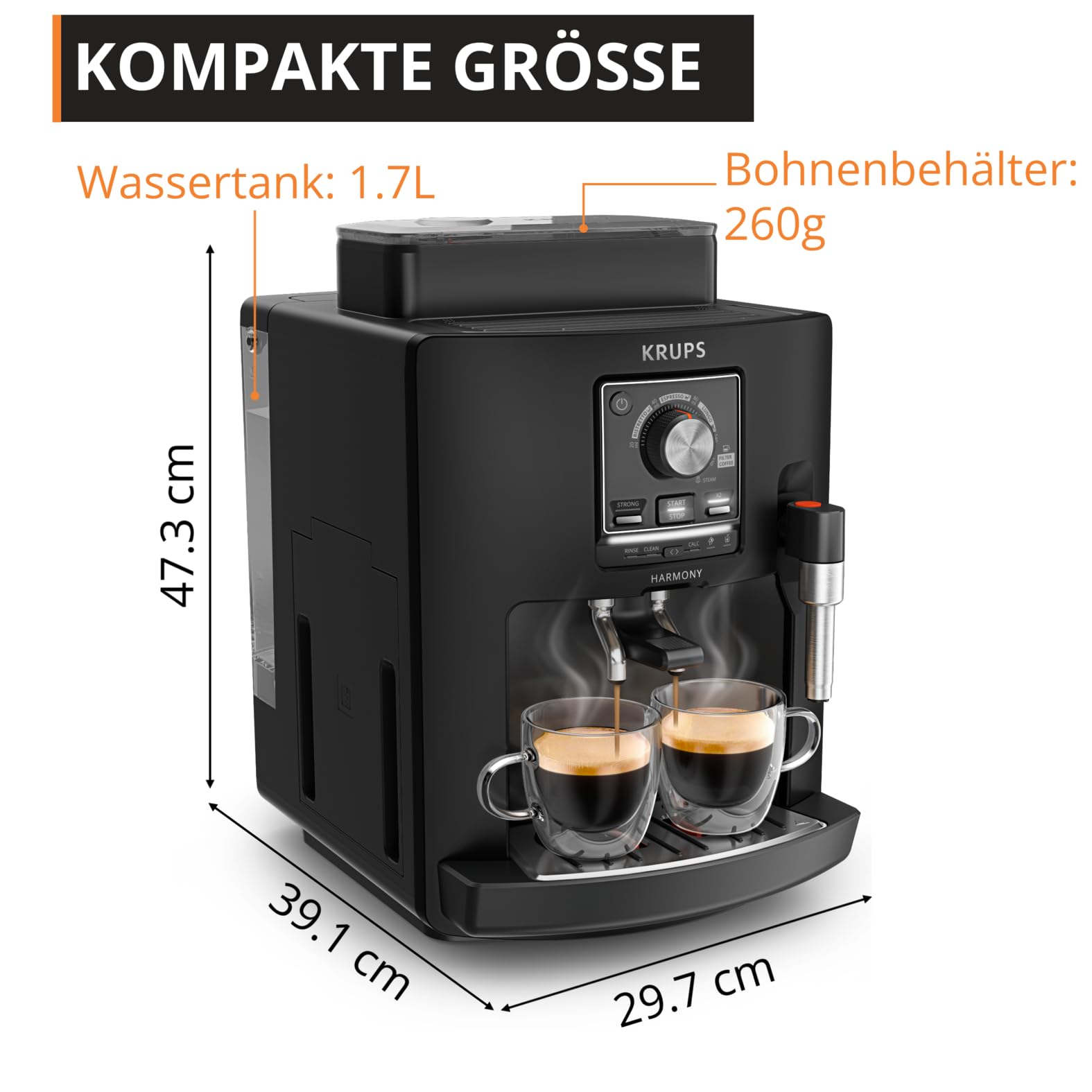 Krups Harmony Kaffeevollautomat mit Milchaufschäumdüse, 4 Kaffeespezialitäten, intuitive Bedienung, automatische Reinigung, kompaktes Design, Schwarz, EA5088E0 7