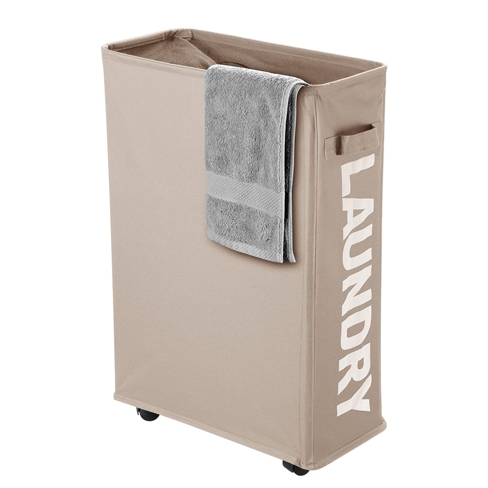 IHOMAGIC Laundry Hamper with Wheels 40L, Collapsible Tall Slim Laundry Baskets with Handles, Oxford Fabric Laundry Bin Cloth Laundry Bags, Slim Washing Bin for Bedroom Bathroom Dorm Traveling (Khaki)
