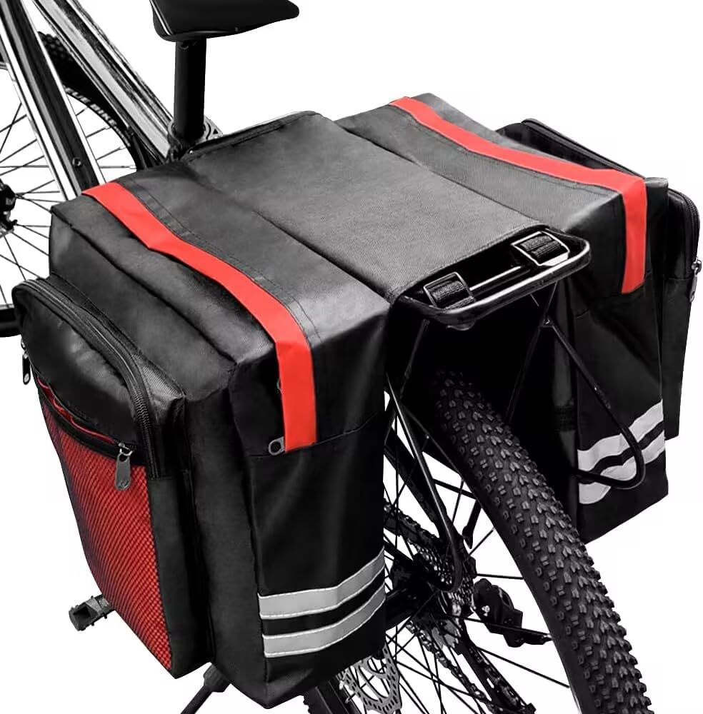 Tyuodna 30L Waterproof Bike Pannier Bag, Double Rear Pannier Bags with Reflective Stripe, for Commute, Travel and Picnic (Red)