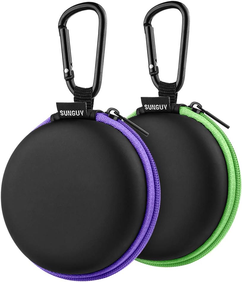 Earbuds Case,SUNGUY [2-Pack] Portable Small Shape Hard EVA Carry Case Storage Bag Carabiner Earphone,Earbuds, Wireless Headset,Wired Headset Mini Case More (Green+Purple)