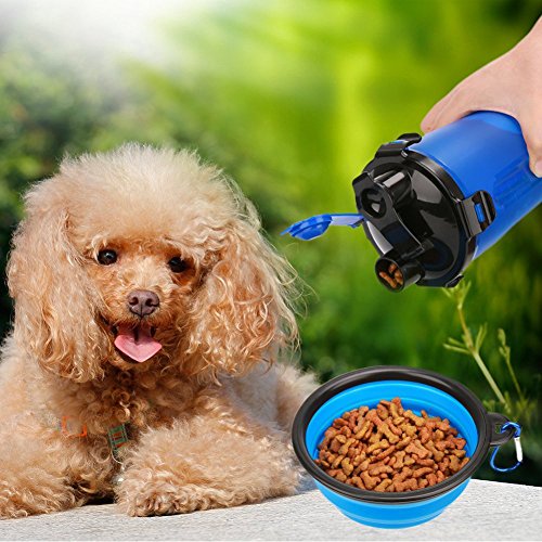 HLovebuy Pet Water and Food Bottle 2 in 1 Water Container Portable Dog Travel Outdoor Food Bottle with Bowl for 250g Food and 350ml Water