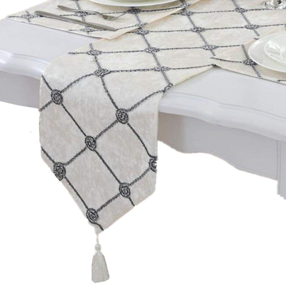 OZXCHIXU TM 11inch x 73inch Table Runner with Three-Dimensional Flowers and Tassels (Style6 White)