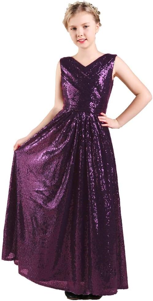 Long Junior Bridesmaid Dress, Sequin Flower Girl Dress Formal Wedding Party Pageant Maxi Dress Dance Ball Gown