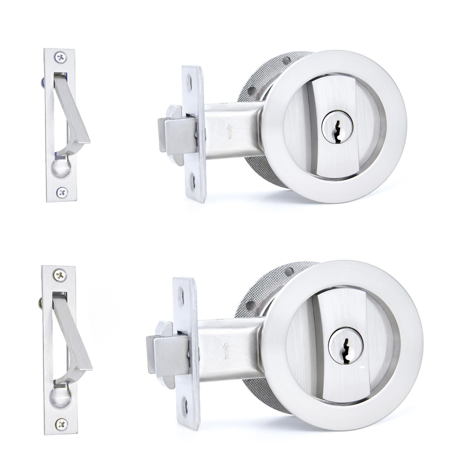 Photo 1 of Dontay 2 Pack Pocket Door Lock with Key, Contemporary Entrance Sliding Barn Door Lock Latch, Recessed 2 Sided, 2 3/8" Backset, Flush Handles Hardware (Including Edge Pull, Brushed Nickel, Round)