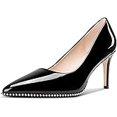 Castamere Women Beaded Pumps Pointed Toe Slip on Stiletto Mid Heels Basic Classic Dress Party Patent Leather 3.2 Inches Heels