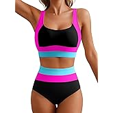 Herseas Women 2 Piece High Waisted Bikini Sets Colorblock Sporty Swimsuits Wide Straps Bathing Suit 2026 Summer Swimwear