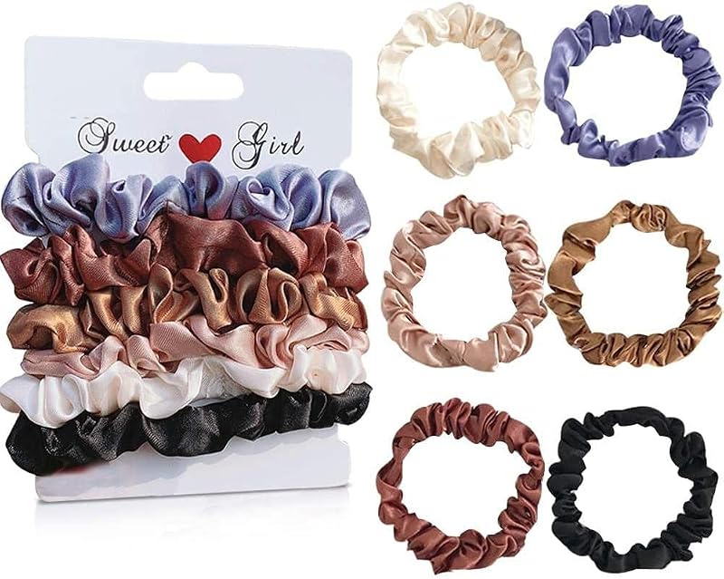 Uni-Fine Satin Small Hair Scrunchies 6 Colours Silk Hair Ties Elastic Bands for