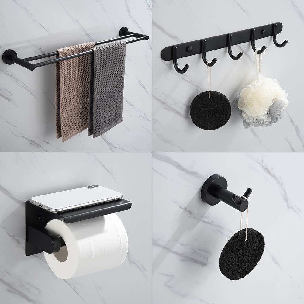 Iriber Bathroom Hardware Round Matte Black Double Bath Towel Bar Rack Shelf Caddy Accessory Set,Stainless Steel Coat Rack with 5 Scroll Hooks,Toilet Paper Holder,Robe Hook Wall Mounted,4-Piece: Home & Kitchen