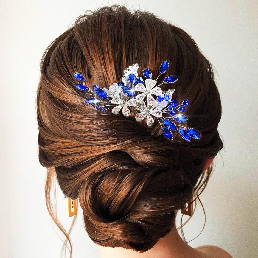 Flayem Wedding Side Comb Bridal Blue Rhinestone Headpieces Flower Leaf Hair Accessories