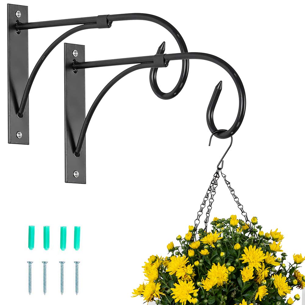 NUPTIO 2 Pcs Hanging Basket Brackets: Outdoor Metal Garden Hooks for Wall Hanging Plants, Fence Lanterns, Bird Feeders Hanger - Black