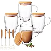 Jatnsefo 4 Pack 12oz Double Walled Glass Coffee Mugs with Bamboo Lid/Spoon, Clear Coffee Cups and Mugs Set of 4, Cappuccino Latte Glasses Cups, Espresso Mug Cups for Latte, Hot/Cold Drink