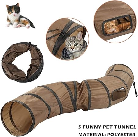 Amazon Co Jp Redleafjp 猫 トンネル キャットトイ ネコトンネル ペット玩具 猫おもちゃ 折りたたみ可能 水洗い可能 S型 ２穴付きキャットトンネル 長いトンネル 超大容量 猫遊び ペットおもちゃ ペット用品 ブラウン おもちゃ