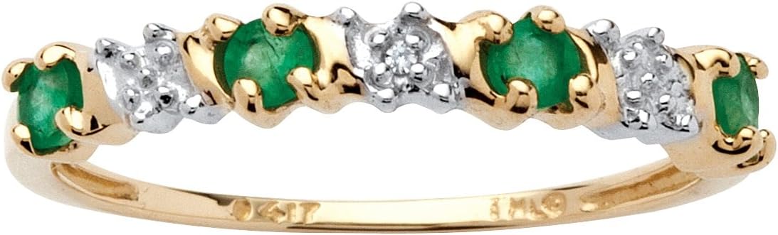 10K Yellow Gold Round Genuine Green Emerald and Diamond Accent Ring