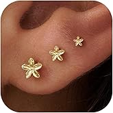 GUOKE 3 Pair Tiny Flat Back Earrings for Women - 14K Gold/White Gold Plated Cute Small Screw Flatback Stud Earring, Everyday Wear