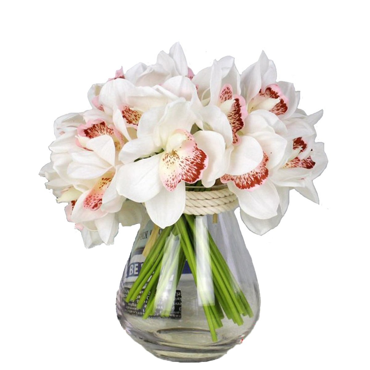 Photo 1 of LebriTamFa 12 PCS High Quaulity Latex Real Touch Cymbidium Orchid Artificial Flower Bouquet for Wedding Holiday Bridal Bouquet Home Party Decor Bridesmaid (White)
