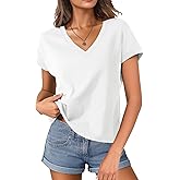 Oymyakon Women Cotton Cap Sleeve Tops Cropped V Neck T Shirts Boxy Tee Shirt Loose Fit Short Sleeves Casual Summer Blouse