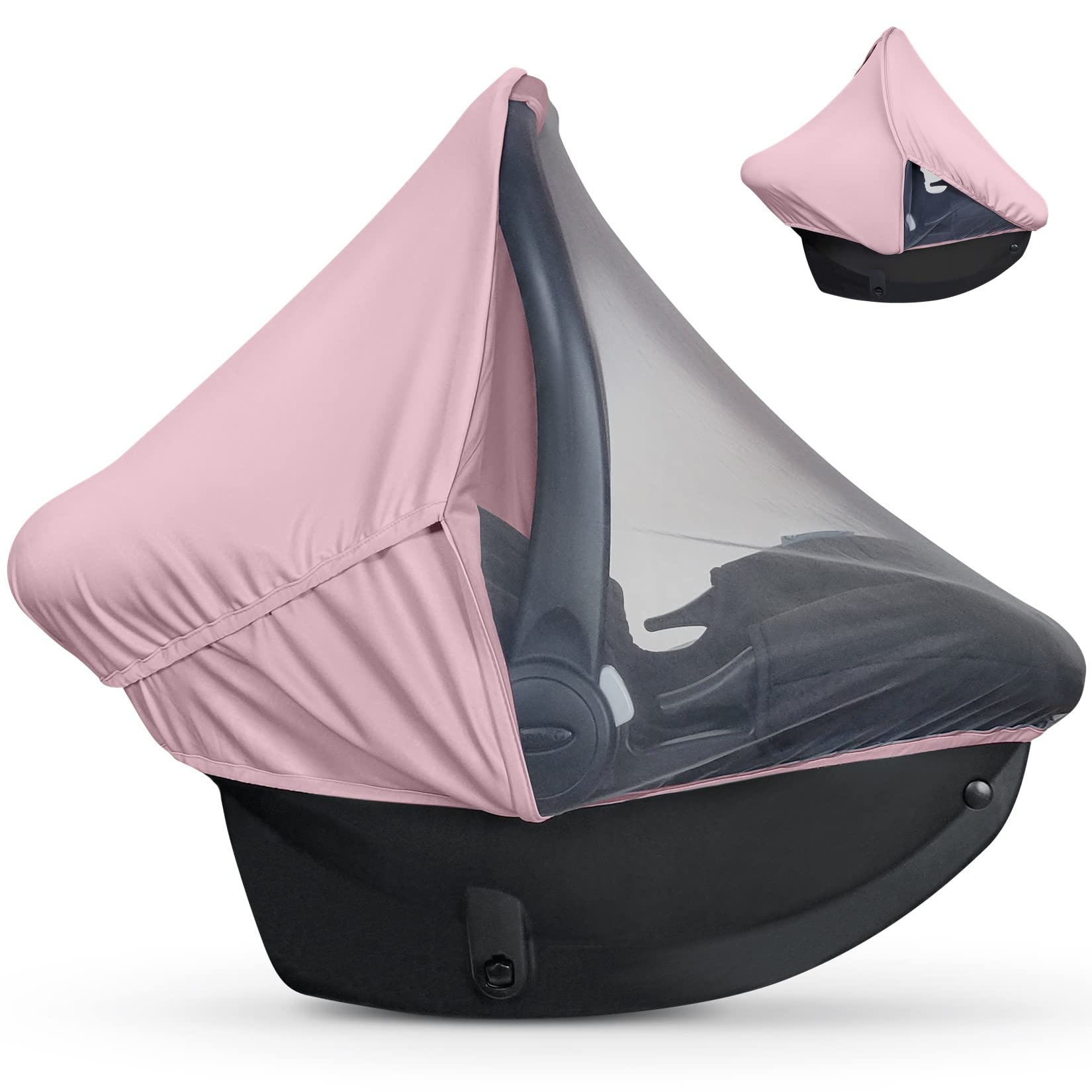 Summer Baby Car Seat Cover | 2-in-1 Breathable Carseat Sun Shade & Mosquito Net | UV Protection Lightweight Canopy Covers for Infant Girls | Bug Net Mesh for Spring & Summer Warm Weather (Pink)