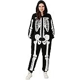 Wabolay Skeleton Costume Adult Women Onesie Pajamas Cozy Halloween Costumes Outfit Suit Hoodie for Womens One Piece Jumpsuit
