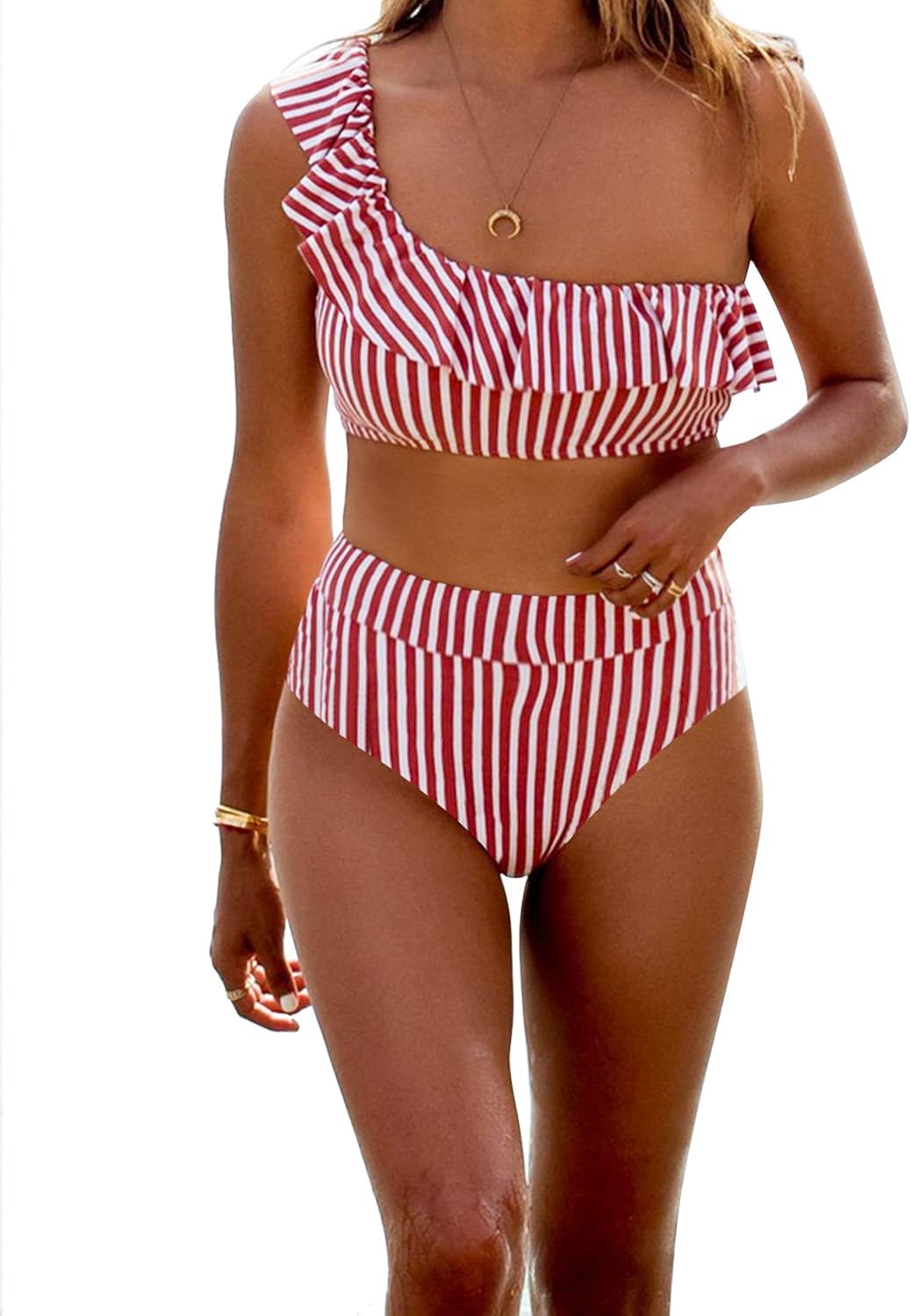 one shoulder striped bikini