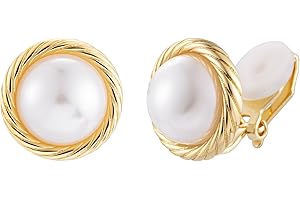 SELOVO Clip on Earrings Simulated Pearl 13MM Not Pierced Vintage Style Simulated Pearl Earrings Stud Silver/Gold Color