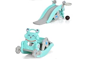 Costzon 5 in 1 Toddler Slide Rocking Toy, Slide for Kids with Detachable Stool, Basketball Hoop and Ring Game, Foldable Climber Playground Slide for Both Indoors Outdoor Use (Blue Penguin)