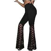 GORGLITTER Women's Floral Lace Bell Bottom Pants Sheer Mesh Flare Leg Elastic High Waist Trendy Sexy Long Trousers