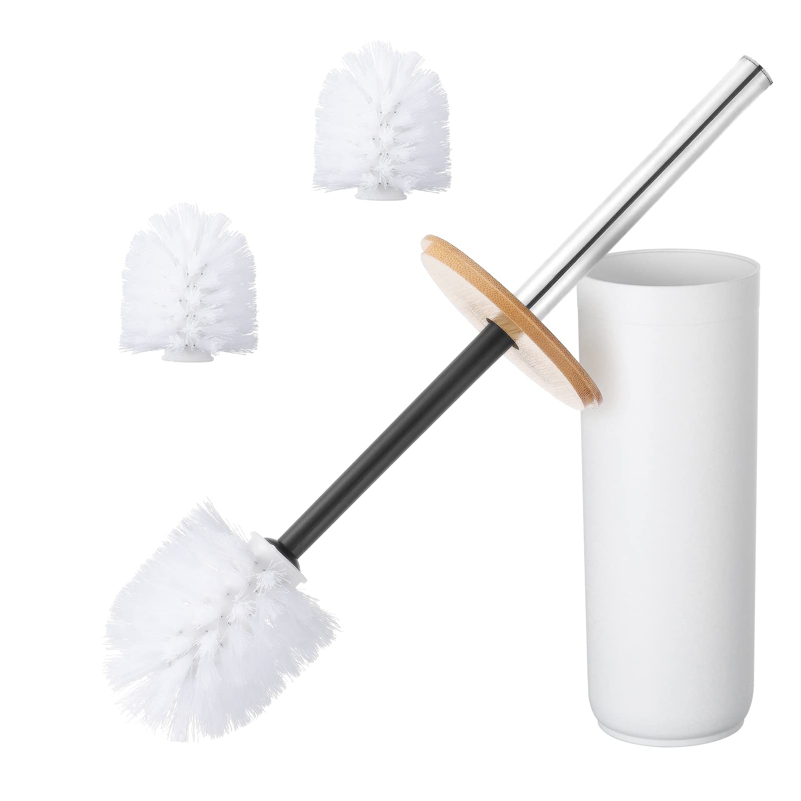 Kinsinder Toilet Brush and Holder with Bamboo Handle with 3 Brush Heads, Bathroom Toilet Cleaner Brush Modern Design Deep Cleaning Toilet Bowl Brushes (White)