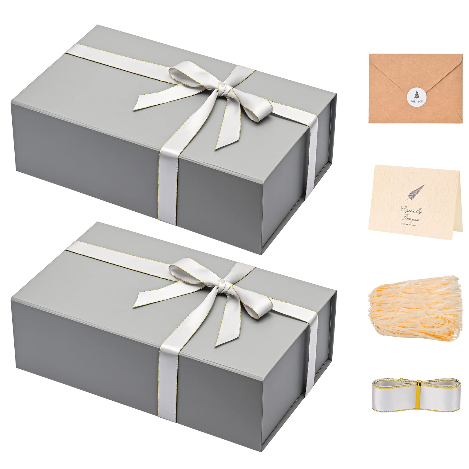 LIFELUM 2 Pack Large Gift Boxes with Lids,13.85 x 8.35 x 4.45 inch Gift Box Rectangle Collapsible Box Groomsmen Gift Boxes for Presents with Ribbon, Card, Shredded Paper Filler Image