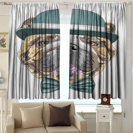 Amazon Guuvor イングリッシュブルドッグ 遮光カーテン バイカラー カートゥーンスタイル ブルドッグ ポートレート 抽象動物デザイン 2パネルセット ブラウン ペールムアヴェピンク W42 X L84 Inch ラグ カーテン ファブリック オンライン通販