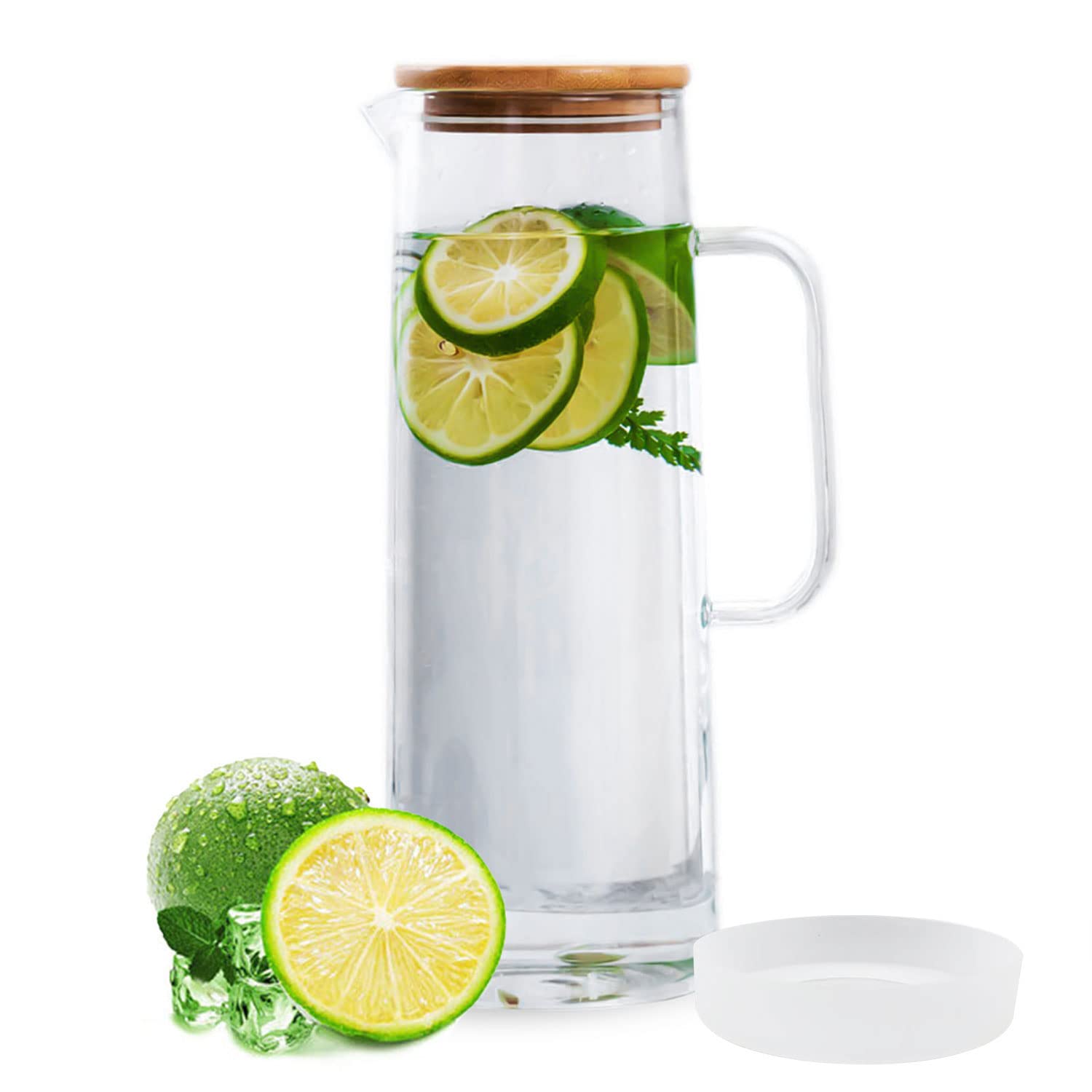 Photo 1 of **DOESN'T HAVE HANDLE/ ALSO MISSING LID**** hjn Glass Pitcher with Lid Glass Water Carafe with Handle, Fridge Water Jug Cold or Hot Beverages, Iced Tea, Milk, Juice 1500ml/51oz & bamboo lid