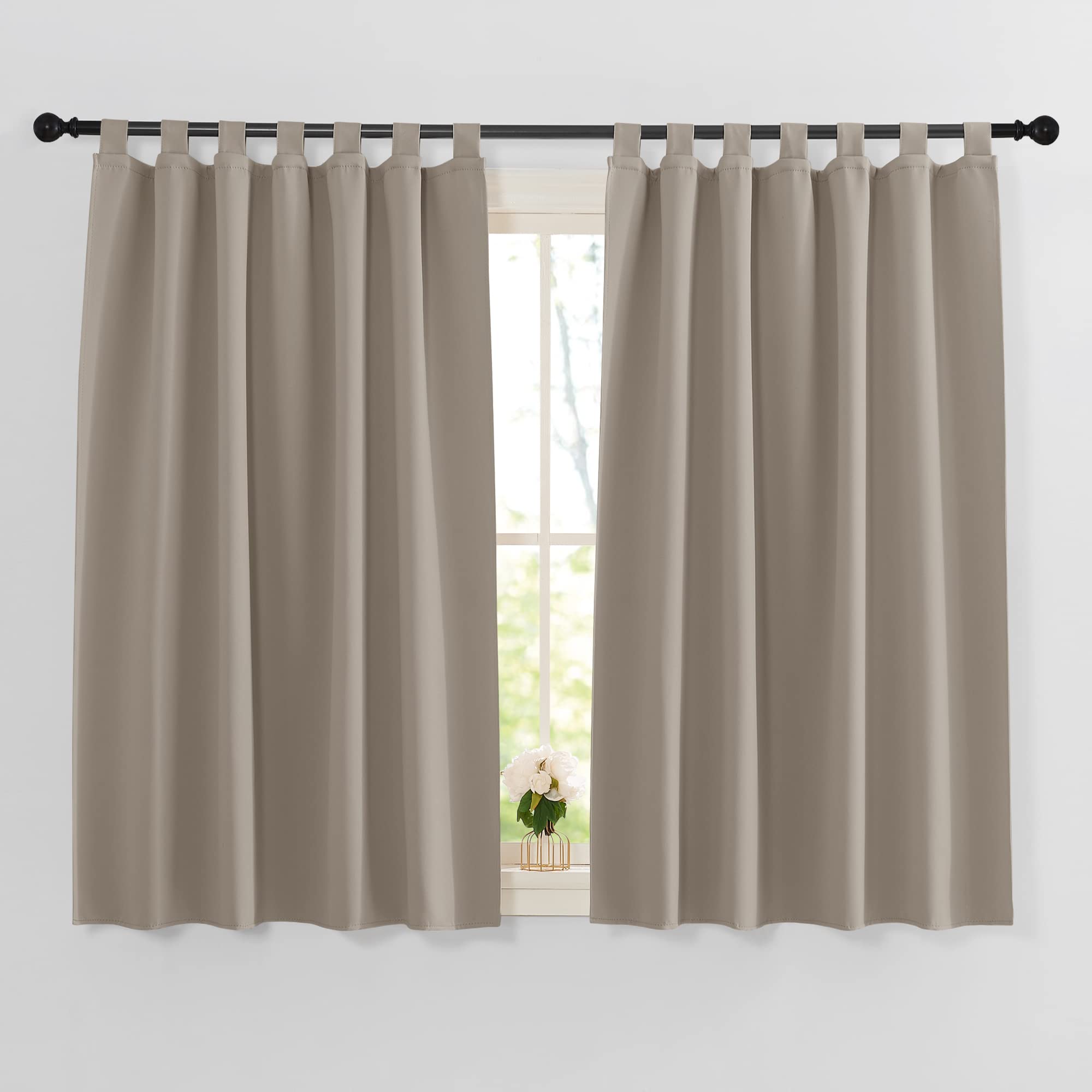 PONY DANCE Tab-Top Blackout Curtains Set of 2 - H 145 x W 140 cm for Children's Room, Kitchen, Short Window - Thermal Loop Curtain in Sand Colour — image 1