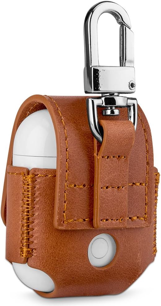 StilGut Case Made of Leather Compatible with Apple AirPods with Carabiner, Cognac Brown, Cognac - with carabiner - Image 3