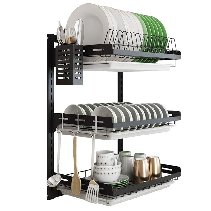 Hanging Dish Drying Rack Wall Mount, 3 Tier Junyuan Kitchen