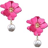 Vavhoo Spray Painted Floral Pearl Stud Earrings for Women with Gold Flower Bud Bohemian Pearl Flower Earrings Everyday Party Jewelry