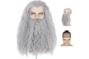 M MISS U HAIR Long Gray Wizard Beard And Wig Halloween Wigs For Men Long Grey Wig And Beard Costume Accessory For Adults