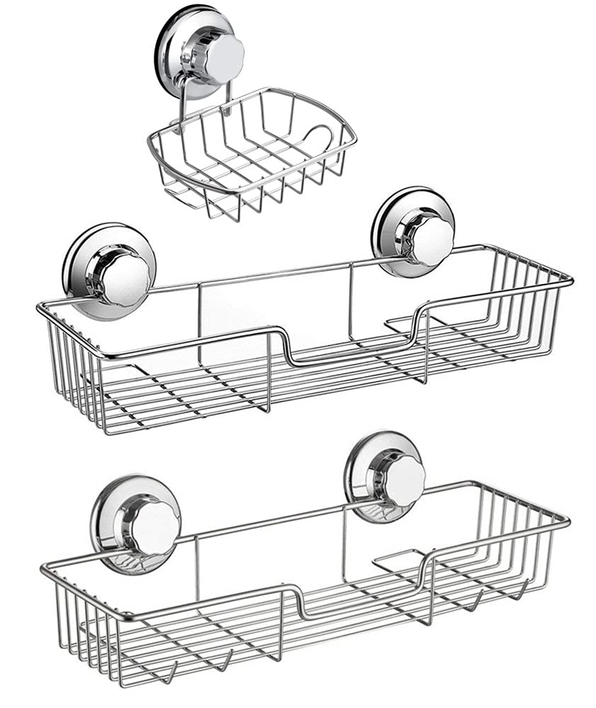 SANNO Suction Cups Shower Caddy Soap Dish Holder for Large Shampoo Shower Gel Holder Bathroom Storage Bath Organizer Kitchen Storage Basket for Shampoo, Conditioner, Soap- Rustproof Stainless Steel