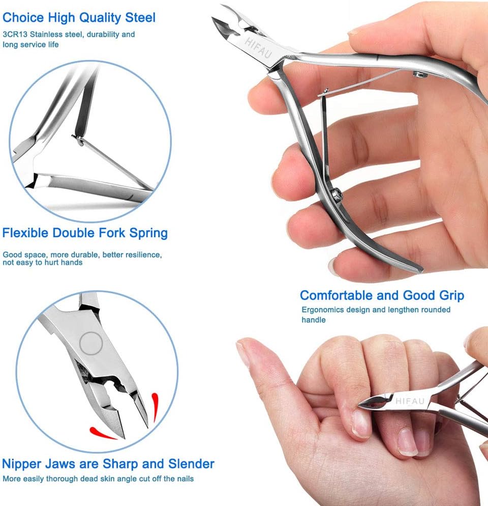 HIFAU 8PCS Premium Cuticle Nippers Pusher Manicure Tools Set, Professional Ingrown Toenail File, Cuticle Remover Trimmer Cutters Tool Gel Nail Art Kit, Stainless Steel, Travel, Gift: Home Improvement